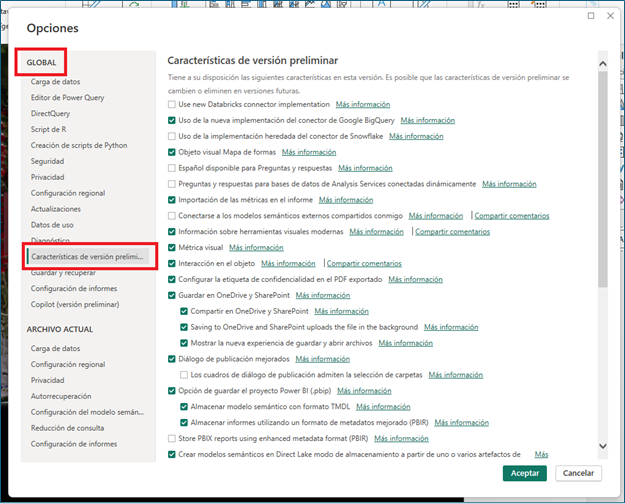 power bi opciones